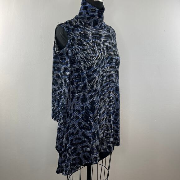 CLARA SUN WOO Blue Black XS Cold Shoulder Top Turtleneck 3/4 Sleeve Pullover - Picture 3 of 7